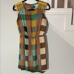 Esley Colorful Checkered Mini Dress with chocolate brown accents for the‎ fall
